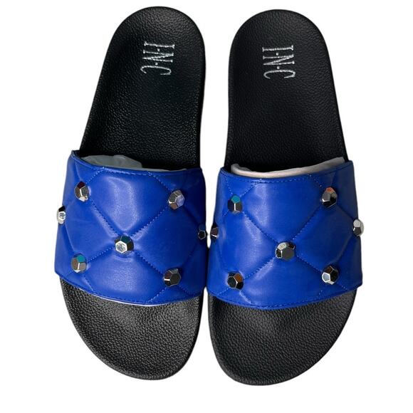 INC International Concepts Cobolt Blue Rhinestone Studded Slides Size 11 - Picture 1 of 5